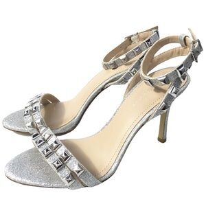 BCBGMaxAzria Sparkle Silver Studded Ankle Strap Heels 10